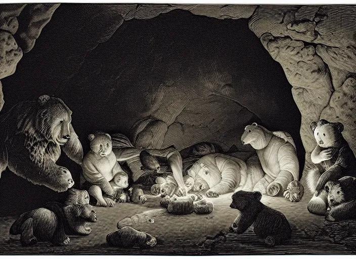 Image similar to Pieter Claesz's 'bear and her cubs sleeping in a dark cave lit by campfire', night time, cross hatching, framed