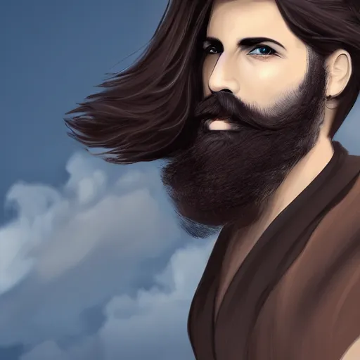 Prompt: a cloud with a beard and long dark hair, brown eyes and a pleasant appearance, digital art 4 k