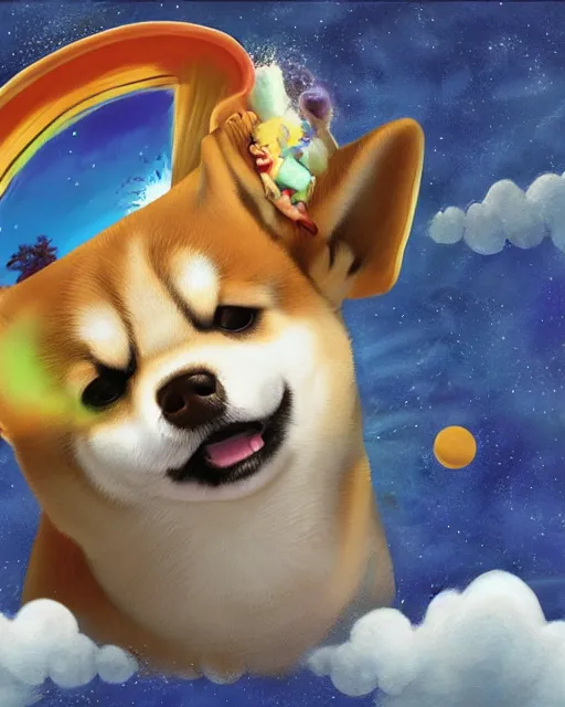 Prompt: shiba inu bites frisbee ， painting photoshop by mark ryden and pixar and hayao miyazaki, 8 k