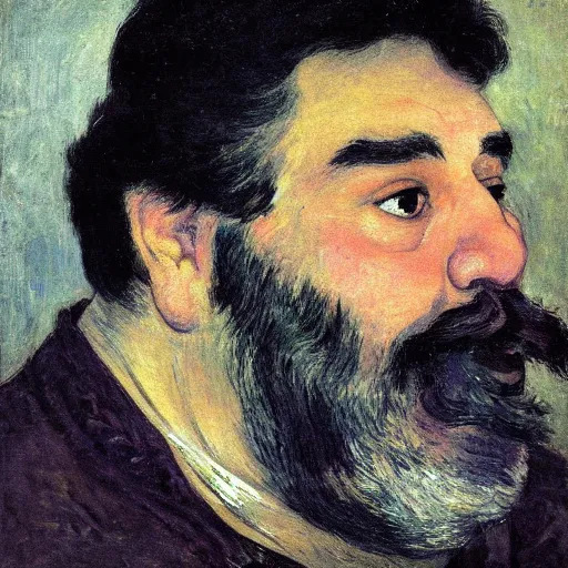 Prompt: portrait of a chubby bearded multi-ethnic young man, collared shirt, graying hair, glowing with silver light, painting by Franz Marc, by Jean-Léon Gérôme, by Winsor McCay, today's featured photograph, 16K