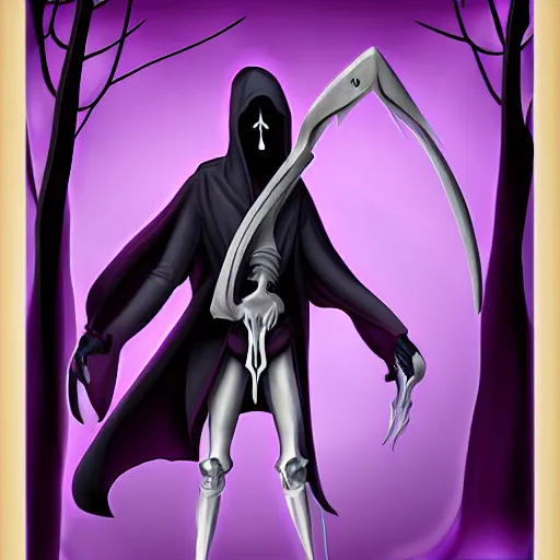 Image similar to grim reaper, purple cloak, full body