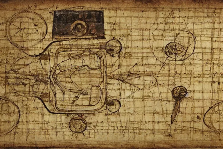 Image similar to ancient technical schematics on parchment by leonardo da vinci of a porsche 9 1 1