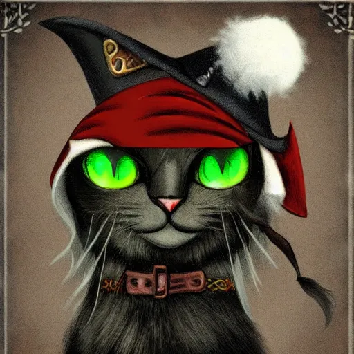 Prompt: witch cat wearing hat, big green eyes, Castlevania style.