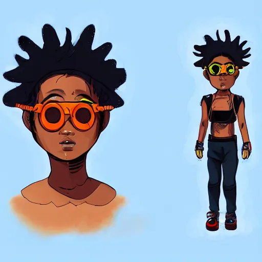 Image similar to in the style of ghostshrimp and bubbltek a highly detailed character concept illustration of a young mixed race explorer wearing a cyberpunk headpiece