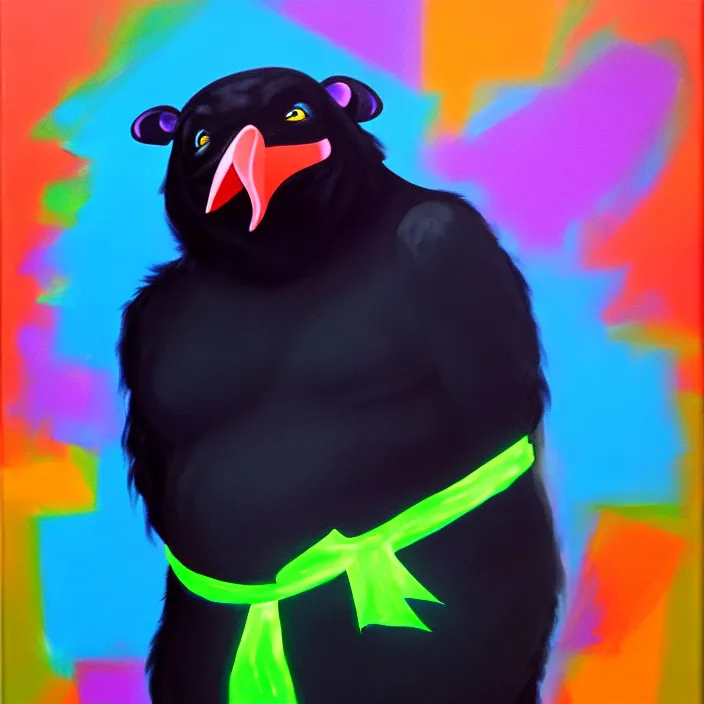 Prompt: a fat anthropomorphic male raven fursona dancing at a rave, furry, oil on canvas, cute, vivid saturation