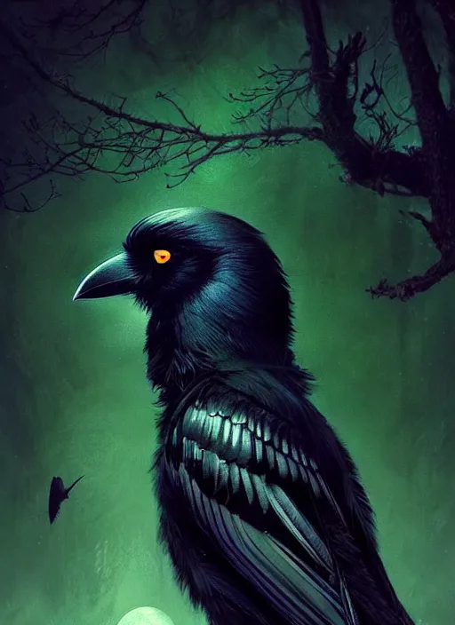 Prompt: side portrait dark crow (animal), close-up, fantasy forest landscape, moonshine, fantasy magic, nice black feather, proud, green dark light night, intricate, elegant, sharp focus, illustration, highly detailed, digital painting, concept art, matte, art by WLOP and Artgerm and Greg Rutkowski and Alphonse Mucha, masterpiece