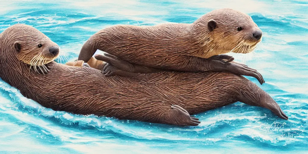 Image similar to otters hold hands while they sleep so nobody will drift away to the sea during the stormy night , fantasy illustration, cinematic, award winning, romantic, detailed trending on art station masterpiece