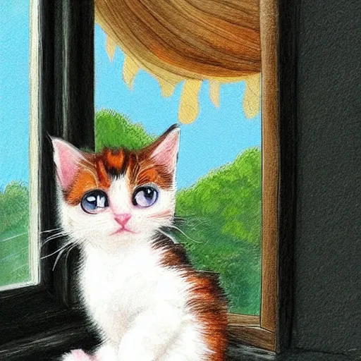 Image similar to cute calico kitten looking out of the window on a [ [ [ [ beautiful ] ] ] ] summer day, storybook art, detailed, cute, profile shot, featured on artstationg, gorgeous!!!