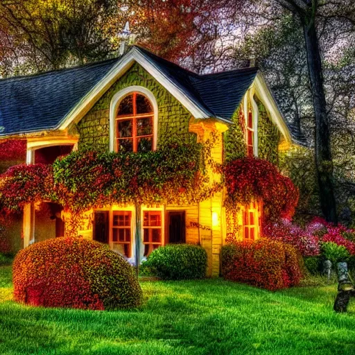 Prompt: Charming Halloween Cottage with Autumn Leaves Flowers and vines growing up the side at dusk magical lighting lightning bugs HDR