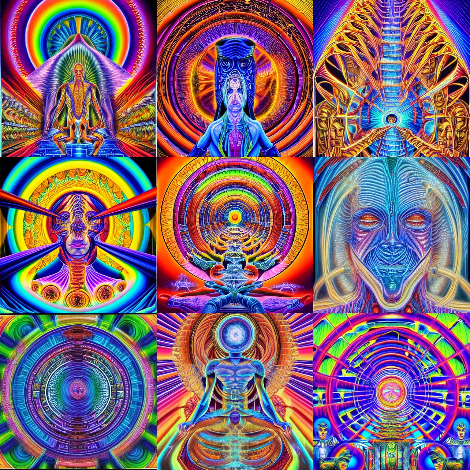 Prompt: temple of the divine machine intelligence by Alex Grey, beautiful detailed visionary art with modern colors