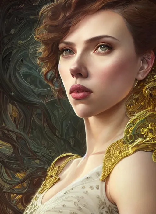 Prompt: Scarlett Johansson, fantasy, intricate, elegant, highly detailed, digital painting, artstation, concept art, smooth, sharp focus, illustration, art by artgerm and greg rutkowski and alphonse mucha