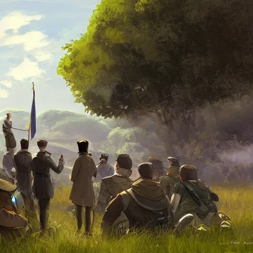 Image similar to irish rebel leader michael collins giving a speech to rebels in the irish countryside, highly detailed, digital painting, concept art, sharp focus, by makoto shinkai