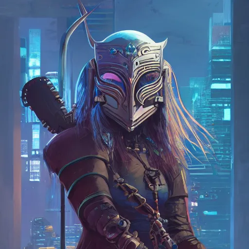 Image similar to cyberpunk viking helmet mask warrior goddess robot ninja fantasy, art gta 5 cover, official fanart behance hd artstation by jesper ejsing, by rhads, makoto shinkai and lois van baarle, ilya kuvshinov, ossdraws