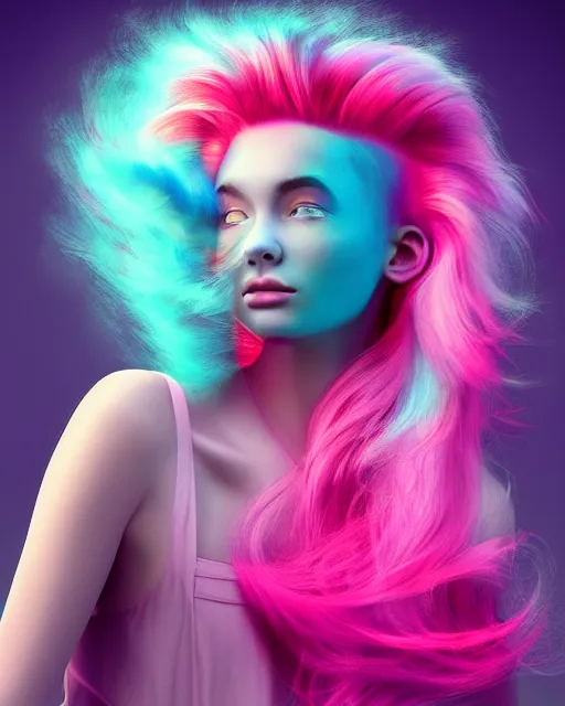 Image similar to a digital art of a dramatic lighting beautiful young woman with cotton candy hair. with a little bit of cyan and pink