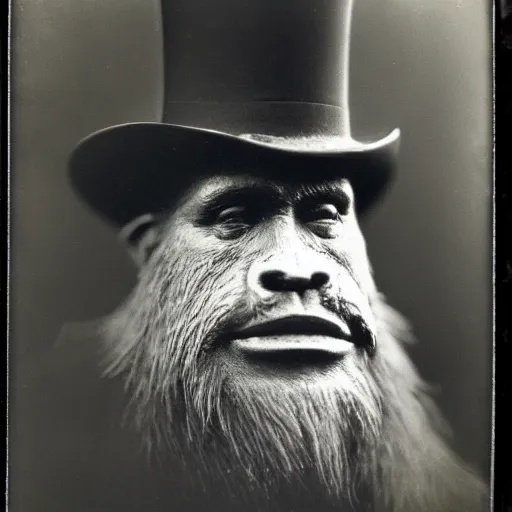 Image similar to a vintage wet plate portrait of a dignified bigfoot with a top hat and cane, extremely detailed, by edward s. curtis!!!!!!!!!!!!!!!!!!