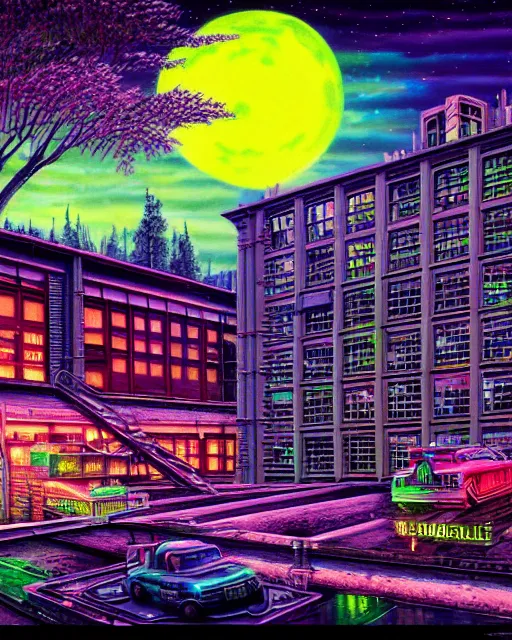 Image similar to a beautiful ultradetailed painting of empire nature industrial architecture unfinished building abandoned urbex building city by stanley spencer, nature at night neon noir evil lake uv light biopunk vaporwave universe retrowave tron, archdaily, wallpaper, highly detailed, trending on artstation.