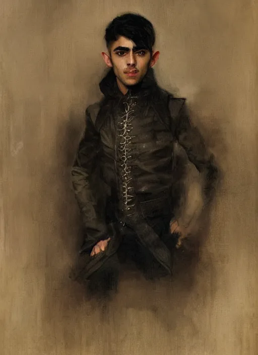 Prompt: head and shoulders portrait painting of young man who looks like zayn malik as an elf by jeremy mann, wearing leather napoleonic military style jacket, only one head single portrait, pointy ears, black background, soft top lighting, moody, shadowed