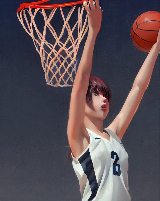 Prompt: A ultradetailed beautiful panting of a stylish girl dunking a basketball, Oil painting, by Ilya Kuvshinov, Greg Rutkowski and Makoto Shinkai