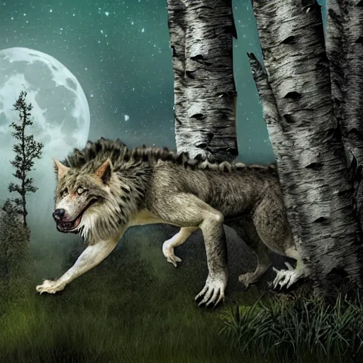 Image similar to Furred chimera with crocodile's body and a wolve's head, set within a birch tree swamp, illuminated by full moon, professional photoshop artwork, highly detailed