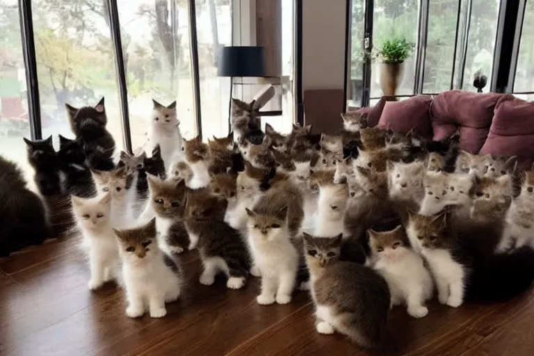 Prompt: a living room full of cute kittens that are all sitting positioned facing directly at the camera and all of the kittens are looking directly into the camera