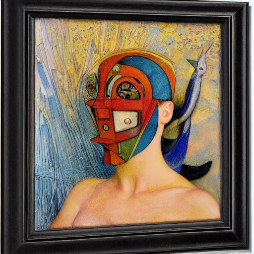 Image similar to the young robot with her feathered bird mask, by annie swynnerton and diego rivera and elihu vedder, symbolist, dramatic lighting, elaborate geometric ornament, head and shoulders view, art brut, soft cool colors, smooth, sharp focus, extremely detailed, adolf wolfli