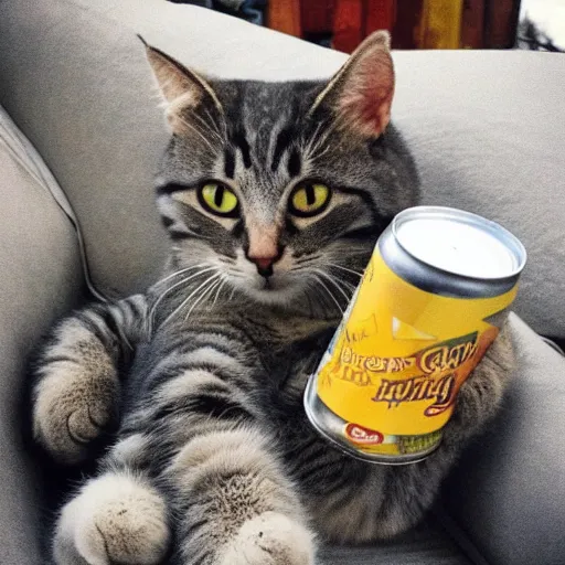 Image similar to “photograph of cat sitting like a human, holding a can of beer, hd, 8k”