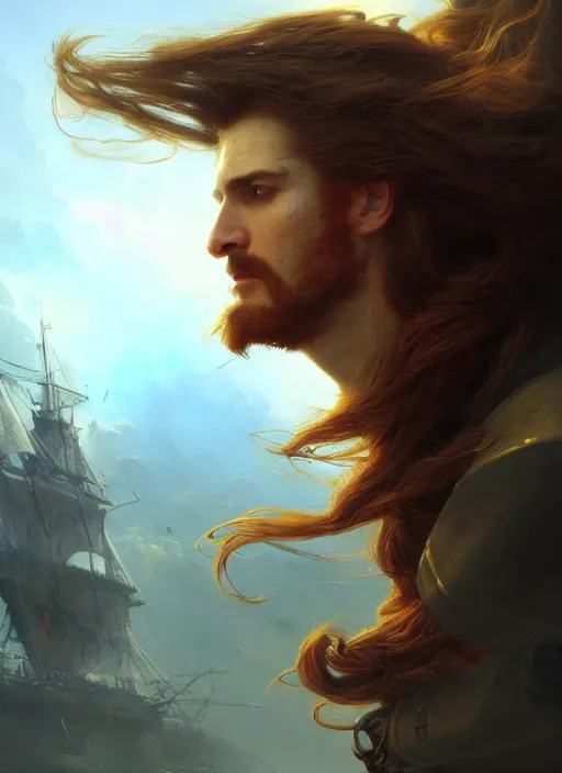 Prompt: portrait painting of a handsome rugged long hair red hair male pirate, soft hair steampunk airship in the sky art by raphael lacoste and stephan martiniere greg rutkowski gaston bussiere fantasy soft hair trending on artstation deviantart book cover art concept art key art dramatic volumetric lighting, 4 k, award winning