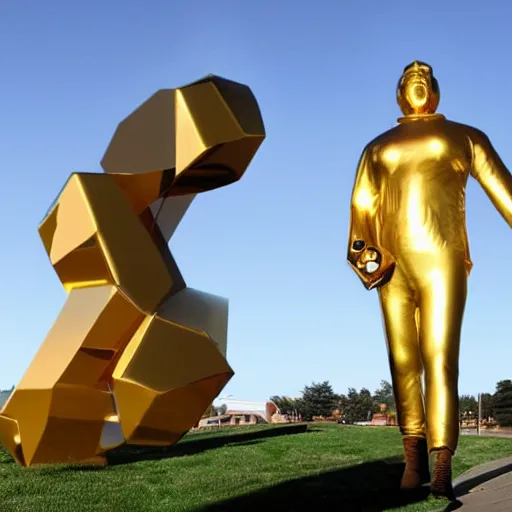 Prompt: picture of giant golden statue of a playstation controller, in a suburb