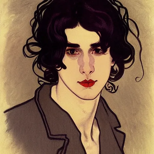 Image similar to painting of young cute handsome beautiful dark medium wavy hair man in his 2 0 s named shadow taehyung at the halloween party, somber, depressed, melancholy, sad, elegant, clear, painting, stylized, delicate, soft facial features, delicate facial features, soft art, art by alphonse mucha, vincent van gogh, egon schiele