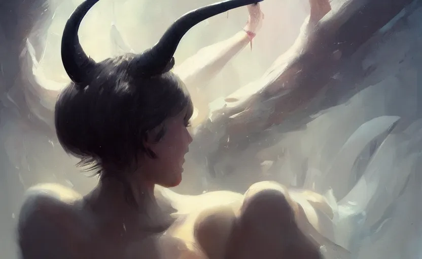 Image similar to a painting of aki trending on artstation in the style of greg rutkowski, beautiful, sensual, natural, horns on head