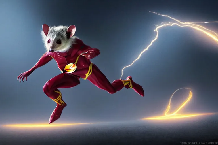 Image similar to a stunning digital painting of a opossum as the flash in spandex costume, running in the speedforce by greg rutkowski, volumetric light, digital art, fine detail, photorealistic