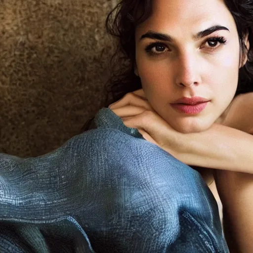 Image similar to a beautiful close - up shot of gal gadot, beautiful soft light failling on her face, studio photography by annie leibovitz