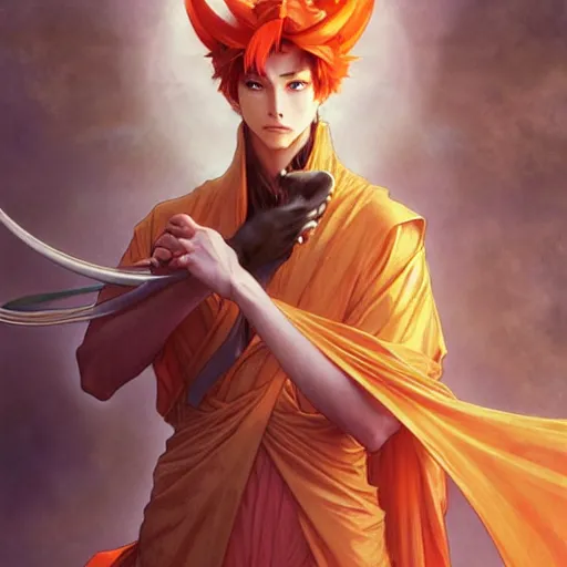 Image similar to anthropomorphic dragon king by eiichiro oda, makoto shinkai, alphonse mucha, art by artgerm and greg rutkowski, best of behance, concept art, matte, sharp focus, orange hair, elegant, adolphe bouguereau, annie leibovitz, stanley kubrick, hdr,