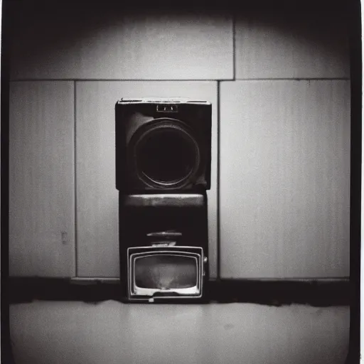 Prompt: dark concrete room with a tv on the ground inna dark doorway, creepy, eerie, old polaroid, expired film,