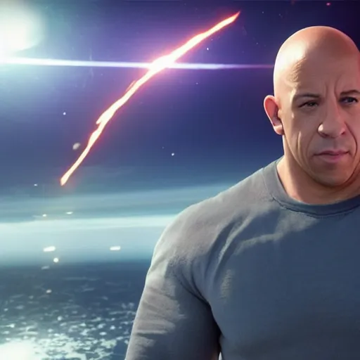 Image similar to vin diesel as saitama!!! throwing!!! a car!!!!!!!!!! into space, ultra realistic, lens flare, atmosphere, glow, detailed, intricate, full of colour, cinematic lighting, trending on artstation, 4 k, hyperrealistic, focused, extreme details, unreal engine 5, cinematic, masterpiece