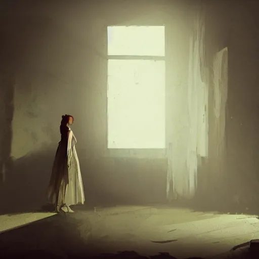 Image similar to A woman in a wedding dress in a dilapidated room, long shadow, dark room, vintage shading, warm colors, by Greg Rutkowski, artstation