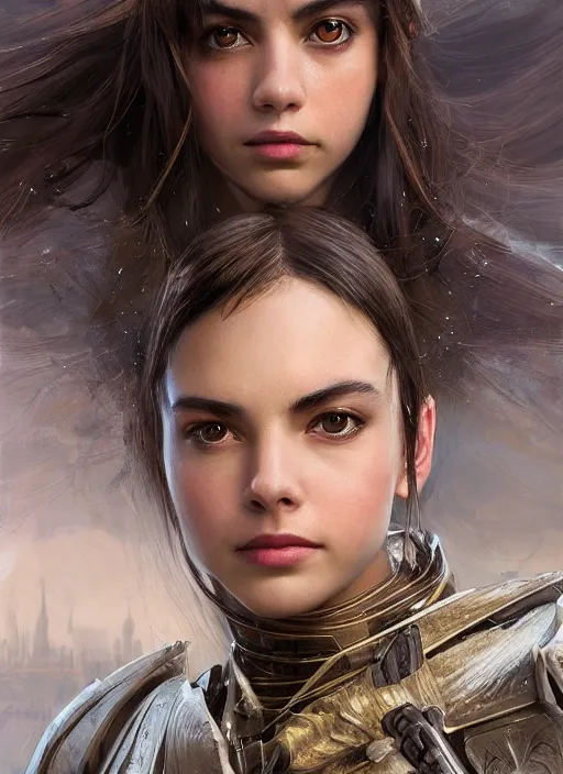 Image similar to a professional portrait of a beautiful young female, clothed in ethereal battle armor, olive skin, long dark hair, beautiful bone structure, symmetrical facial features, intricate, elegant, digital painting, concept art, smooth, sharp focus, finely detailed, illustration, from Valerian and the City of a Thousand Planets, in the style of Ruan Jia and Mandy Jurgens and Artgerm and Greg Rutkowski and William-Adolphe Bouguerea