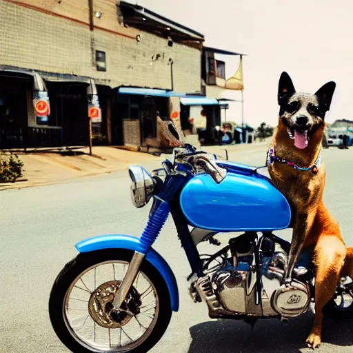 Image similar to blue heeler dog on a motorcycle, 8 k photography, blurred background of a wafflehouse