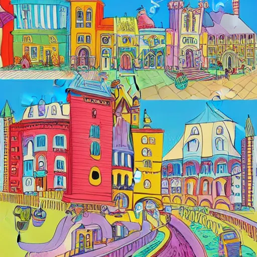 Image similar to fanciful city filled with curvy buildings, by dr seuss, oh the places you'll go, arches, platforms, towers, bridges, stairs, colorful kids book illustration