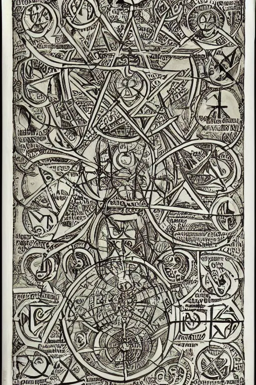 Image similar to Libre Ivonis (Book of Eibon), Page 23: incantation and sigil, a hyperdetailed alchemical scene with symbols, academic art. Intricate