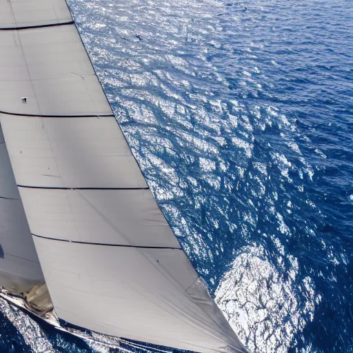 Prompt: wide-angle photography of a huge, sea blue modern sail boat sailing on an windstill ocean, award winning, 8k