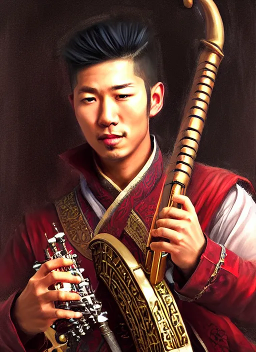 Image similar to a _ fantasy _ style _ portrait _ painting _ of asian male charismatic bard playing instrument, rpg dnd oil _ painting _ unreal _ 5 _ daz. _ rpg _ portrait _ extremely _ detailed _ artgerm _ greg _ rutkowski _ greg