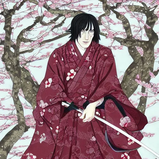 Image similar to detailed portrait of snape samurai with a wand, in snow forest sakura cherry blossom, hakama kimono, trending on artstation elite, elegant, luxury, by krenz cushart, junji ito, takato yamamoto, perfect face, fine details, realistic shaded, fine - face, pretty face