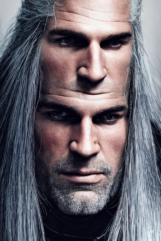 Image similar to portrait of geralt of rivia, 5 5 mm lens, professional photograph, times magazine, serious, stern look, zoomed out