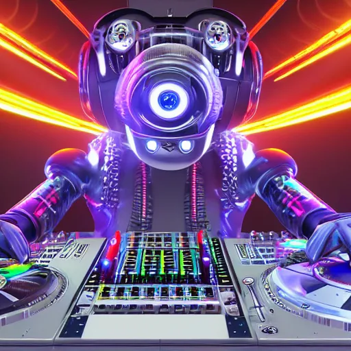 Image similar to album art, name is roborock, 3 steampunk futuristic robots on a dj desk with a cd mixer, 8 k, flourescent colors, halluzinogenic, multicolored, exaggerated detailed, front shot, 3 d render, octane