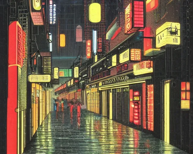 Image similar to cozy soft neon street with in a cyberpunk city on a rainy melancholy osaka night in 1 9 9 6 by de chirico