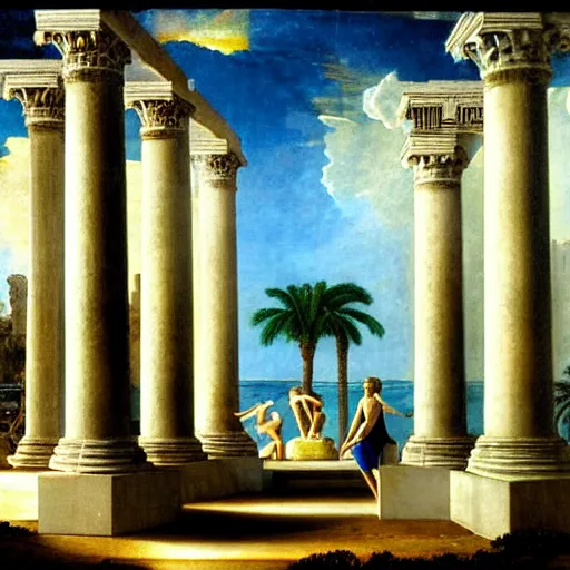 Image similar to Giant columns palace, thunderstorm, greek pool, beach and palm trees on the background major arcana sky, by paul delaroche, magazine photo from 2007, hyperrealistic 8k, very detailed