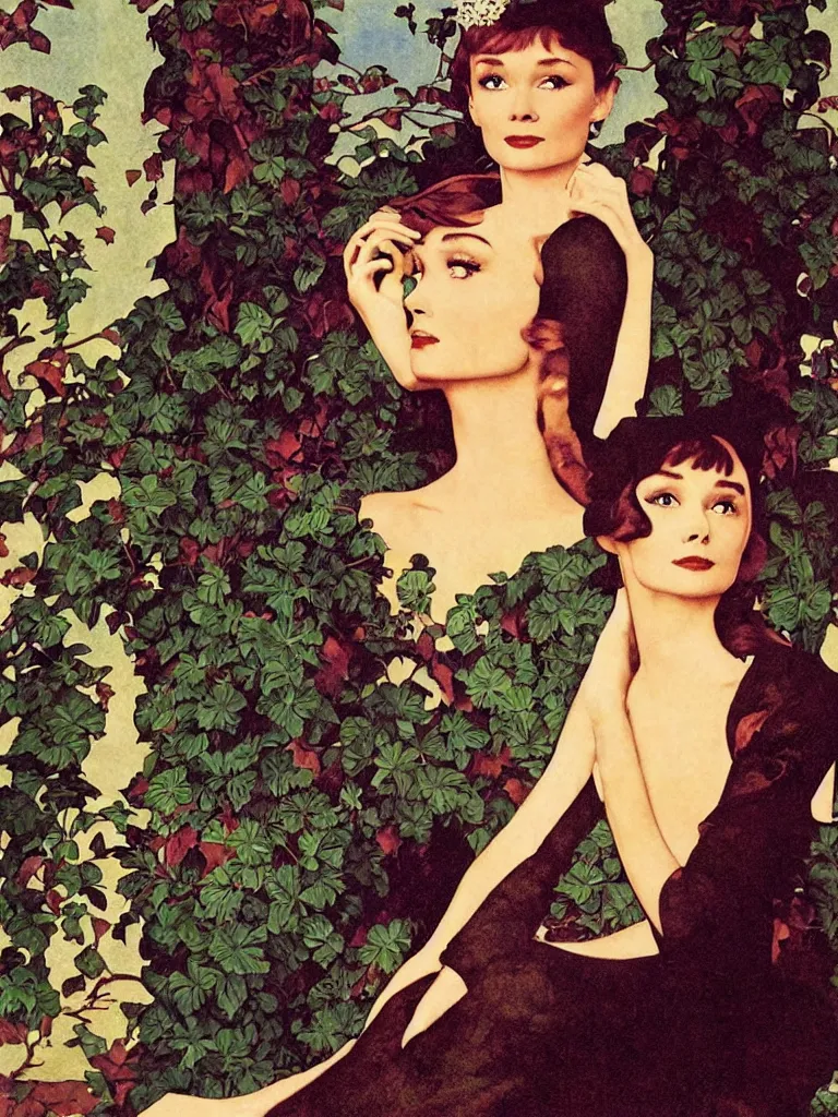 Image similar to Audrey Hepburn in Breakfast at Tiffany's by Maxfield Parrish, Art Nouveau
