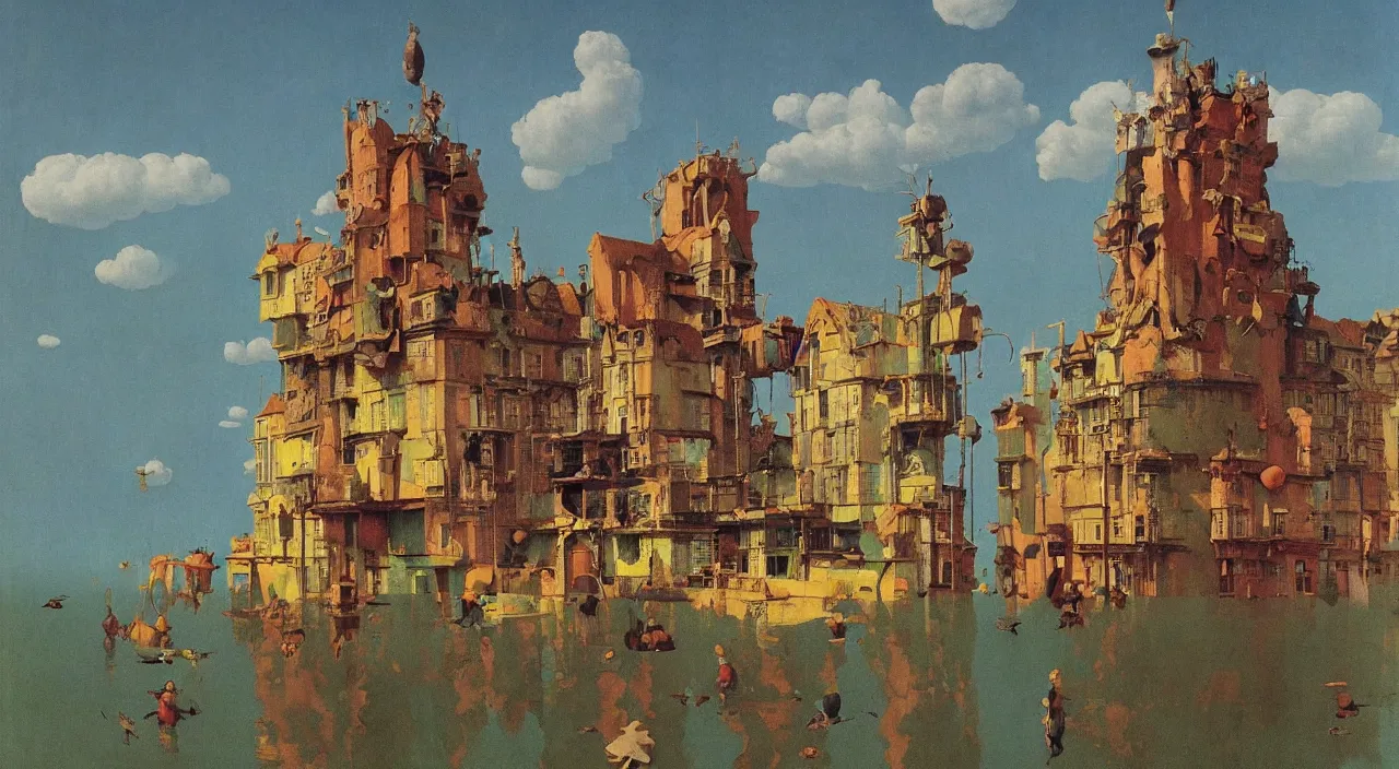 Prompt: single flooded antique clay fungus tower, very coherent and colorful high contrast!! painting by rene magritte simon stalenhag carl spitzweg syd mead norman rockwell edward hopper james gilleard, dark shadows, sunny day, hard lighting, masterpiece