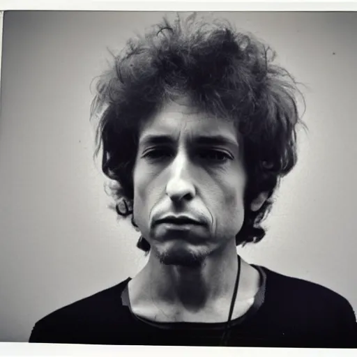 Image similar to Mugshot Portrait of Bob Dylan, taken in the 1970s, photo taken on a 1970s polaroid camera, grainy, real life, hyperrealistic, ultra realistic, realistic, highly detailed, epic, HD quality, 8k resolution, body and headshot, film still, front facing, front view, headshot and bodyshot, detailed face, very detailed face